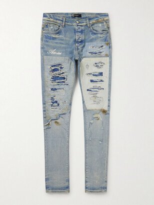 Skinny-Fit Logo-Embroidered Distressed Patchwork Jeans-AA