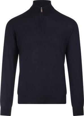 Navy Blue Virgin Wool Pullover With Half Zip-AA