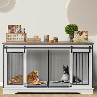 Sapphome Dog Crate Furniture Large Breed TV Stand with 2 Sliding Doors,Grey