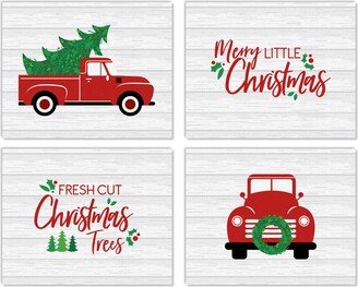 Merry Little Christmas Tree - Unframed Red Truck Linen Paper Wall Art Set Of 4 Artisms 8 X 10 Inches