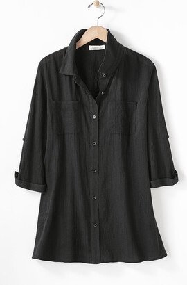 Women's Crinkle Cotton Camp Shirt - Black - PS - Petite Size