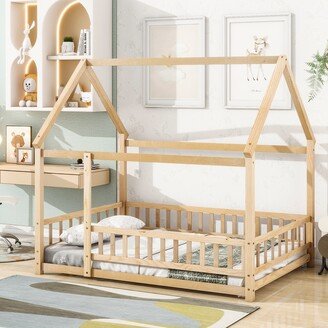 Sunmory Full Size Wooden Floor Bed Creativity House Bed with House Roof Frame and Fence Guardrails, Safety & Quality Guaranteed