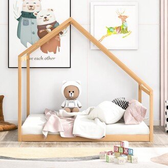 GREATPLANINC Wooden Full Size House Floor Bed with Roof, Modern Montessori Platform Bed Frame for Toddlers, Girls Boys, No Box Spring Needed