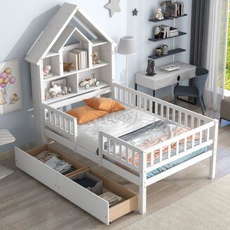 RASOO Pine Wood Twin Bed with House-Shaped Headboard, Fence Guardrails and Drawers