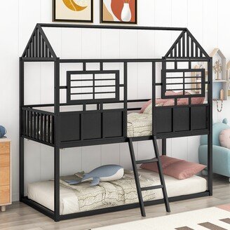 Calnod Oriental Style Twin over Twin Metal Low Bunk Beds with Roof and Fence-shaped Rail - Space-Saving Design