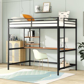 RASOO Modern Metal Loft Bed with Desk and Shelves, Full Size