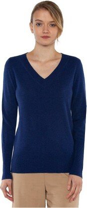 JENNIE LIU Women's 100% Pure Cashmere Long Sleeve Ava V Neck Pullover Sweater (1571, Blue, Small )