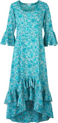 Victoria Midi Dress In Grey With Aqua Flower