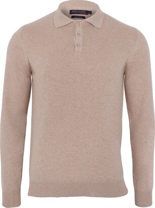 Paul James Knitwear Mens Cotton Hall Long Sleeve Knitted Polo Shirt - Sand