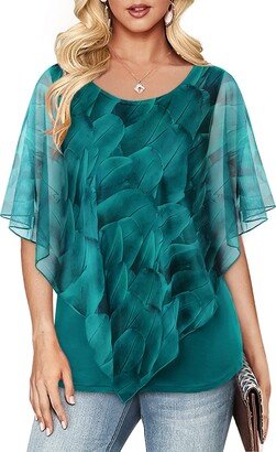 Cestyle Chiffon Blouses for Women Overlay Tops Poncho Sleeve Flattering Tops to Hide Tummy Womens Tops Dressy Casual Summer 2023 Holiday Blouses Green L