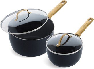 Reserve Black Healthy Ceramic 1.5-Quart and 3-Quart Nonstick Saucepan Set with Lids