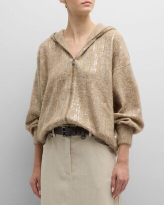 Waterfall Sequined Cashmere Mohair Zip-Up Cardigan