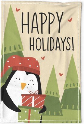 Winter Penguin Tea Towel - Happy Holidays By Ammiecreative Hearts Tree Christmas Presents Linen Cotton Canvas Spoonflower