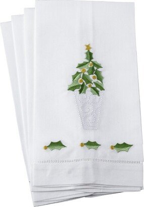 Saro Lifestyle Embroidered Holly Leaf Christmas Tree Design Holiday Hemstitched Border Linen Cotton Guest Towel (Set of 4), 14x22, White