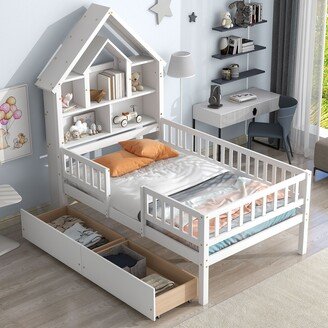 Sunmory Twin Size House-Shaped Headboard Bed with Fence Guardrails and Drawers