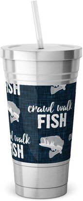 Travel Mugs: Crawl Walk Fish - Bass Fishing - Navy Blue And Grey Stainless Tumbler With Straw, 18Oz, Blue