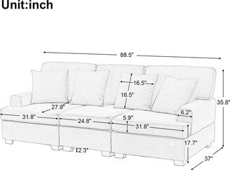 NINEDIN Linen Fabric Sectional Sofa 3 Seat Square Arms Sofa w/4 Pillows