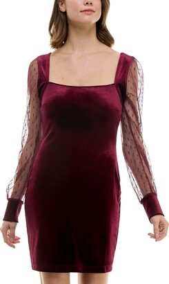 Juniors' Square-Neck Sheer-Sleeve Bodycon Velvet Dress