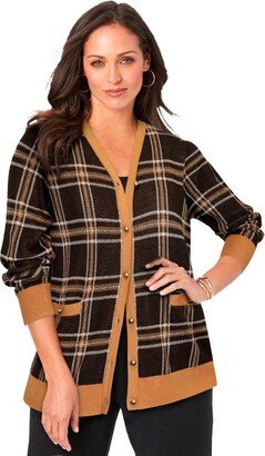 Jessica London Woen's Plus Size V-Neck Cardigan Sweater, M - Chocolate Multi Plaid