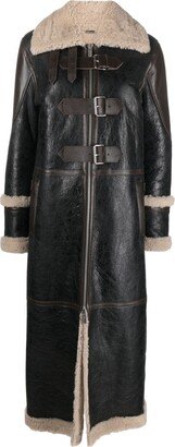 Shearling-Trim Leather Long Coat