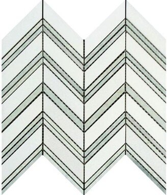 Thassos White Marble Honed Large Chevron Mosaic Tile W/Ming-Green Dots Strips