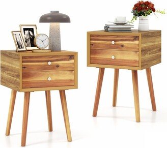 2PCS Wooden Nightstand Mid-Century End Side Table W/2 Drawers Natural