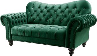 Velvet Upholstery Loveseat with Rolled Armrests and Bun Feet, Green