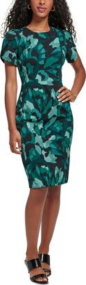 Petites Womens Printed Knee Sheath Dress