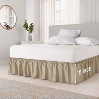 CGK Linens Ruffled Elastic Wrap Around Bedskirt 15 Inch Drop in Beige, Size Twin