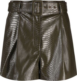 Snakeskin-Effect Belted Mini Shorts