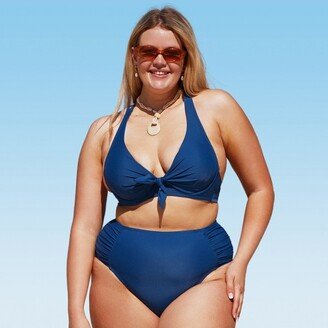 Women's Plus Size Knotted Front Bikini Set Swimsuit 3X-Blue