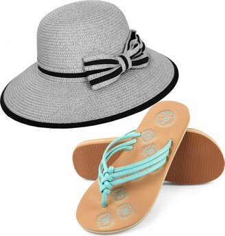 Panama Styled Woven Straw Hat and Foam Flip Flop Sandals Bundle Set