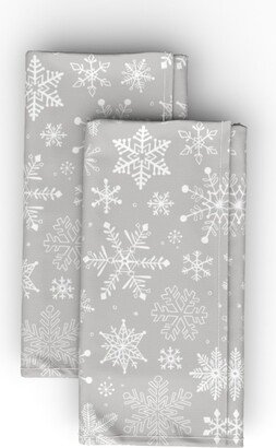 Cloth Napkins: Snowflakes On Gray Cloth Napkin, Longleaf Sateen Grand, Gray