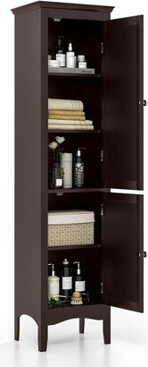 Tangkula Freestanding Bathroom Storage Cabinet Tall Narrow Storage Cabinet with 1 Adjustable Shelf 1 Drawer and 2 Doors Coffee