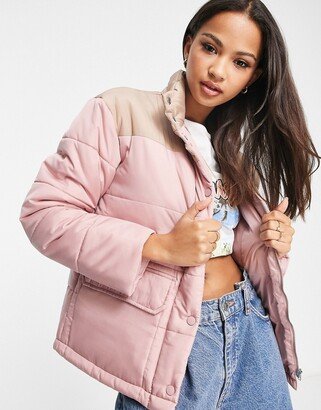 high neck puffer jacket in pink contrast