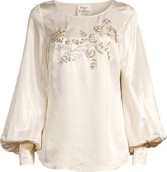 Hope for Flowers Beaded Floral & Balloon-Sleeve Blouse