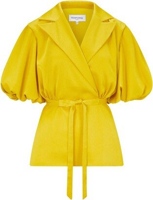 Femponiq Draped Puff Sleeve Satin Blouse - Golden Yellow