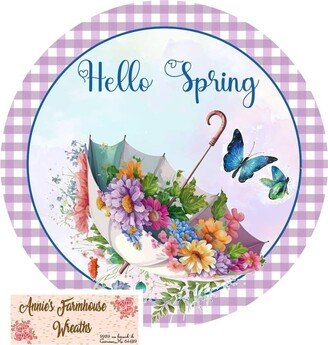 Hell Spring Round Metal Sign, Umbrella Wreath Attachment, Center, Rainy Day, April Showers, Floral Sign