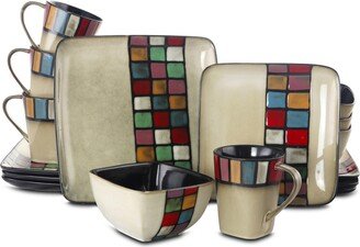 Grace 16 Piece Multicolored Square Stoneware Dinnerware Set, Service for 4