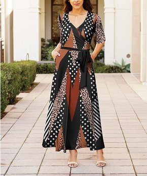 Black & Brown Polka-Dot Surplice Maxi Dress - Women & Plus