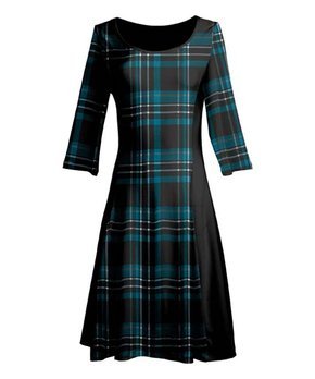 Turquoise & Black Plaid Color Block Three-Quarter Sleeve A-Line Dress - Women & Plus