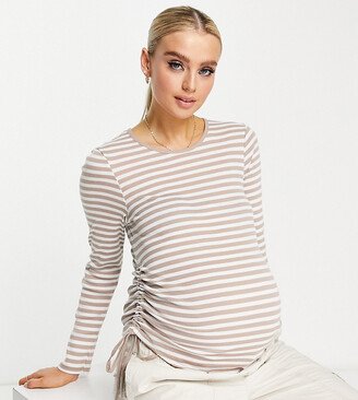 New Look Maternity long sleeve ruched side top in neutral stripe