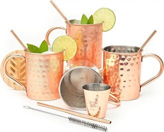 Moscow Mule Mugs Set Of 4 | 16 Oz. | Stainless Steel Lined Copper with Straws, Coasters, 1 Shot Glass Wedding, Anniversary Gift