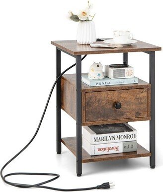 Tangkula Nightstand Bedside Sofa End Table w/ Charging Station Open Shelves & Drawer