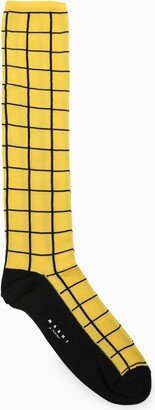 Yellow/black check pattern long socks