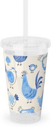 Travel Mugs: Chicken And Rooster - Watercolor - Blue On Creme Acrylic Tumbler With Straw, 16Oz, Blue