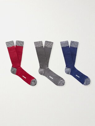 Set of Three Ribbed Cotton-Blend Socks-AA