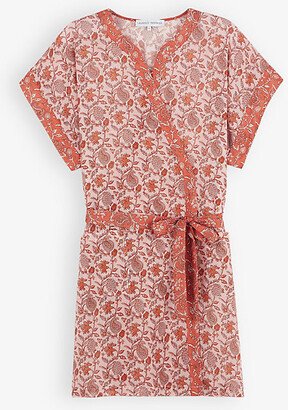 Womens Oranger Floral-print elf-tie Relaxed-fit Cotton Robe