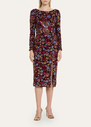 Bateau-Neck Sequin Floral Sheath Midi Dress