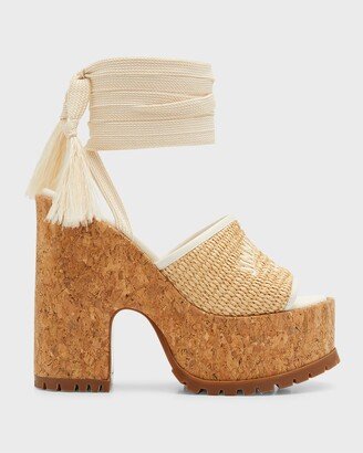 Gal Raffia Cork Ankle-Tie Platform Sandals-AA